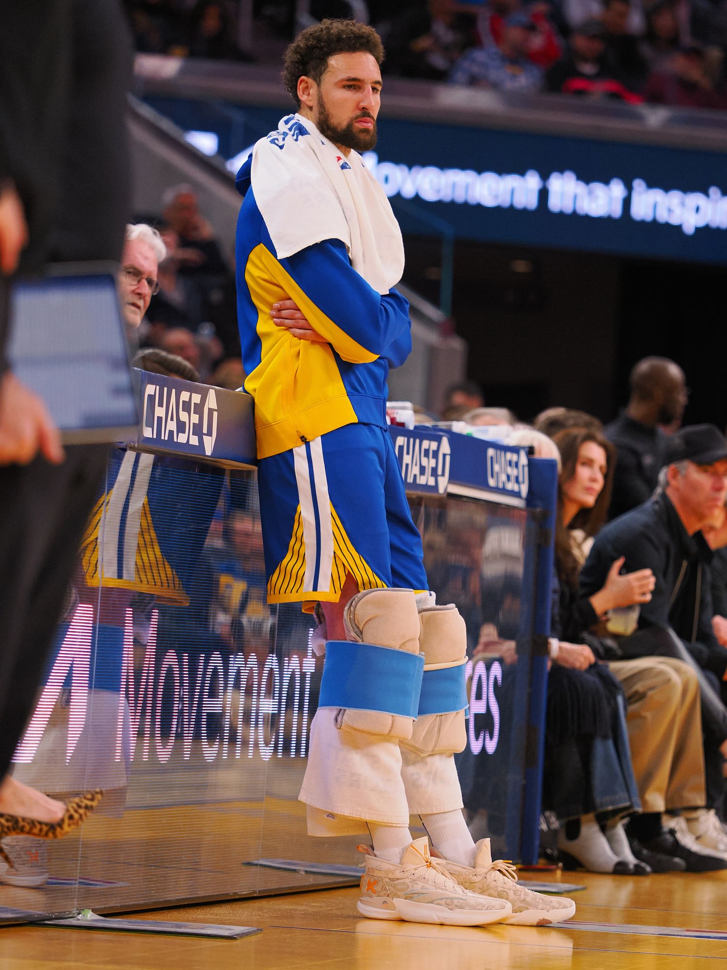 Golden State Warriors guard Klay Thompson (11) waits to reenter the game during the third quarter against the Los Angeles Clippers at Chase Center.